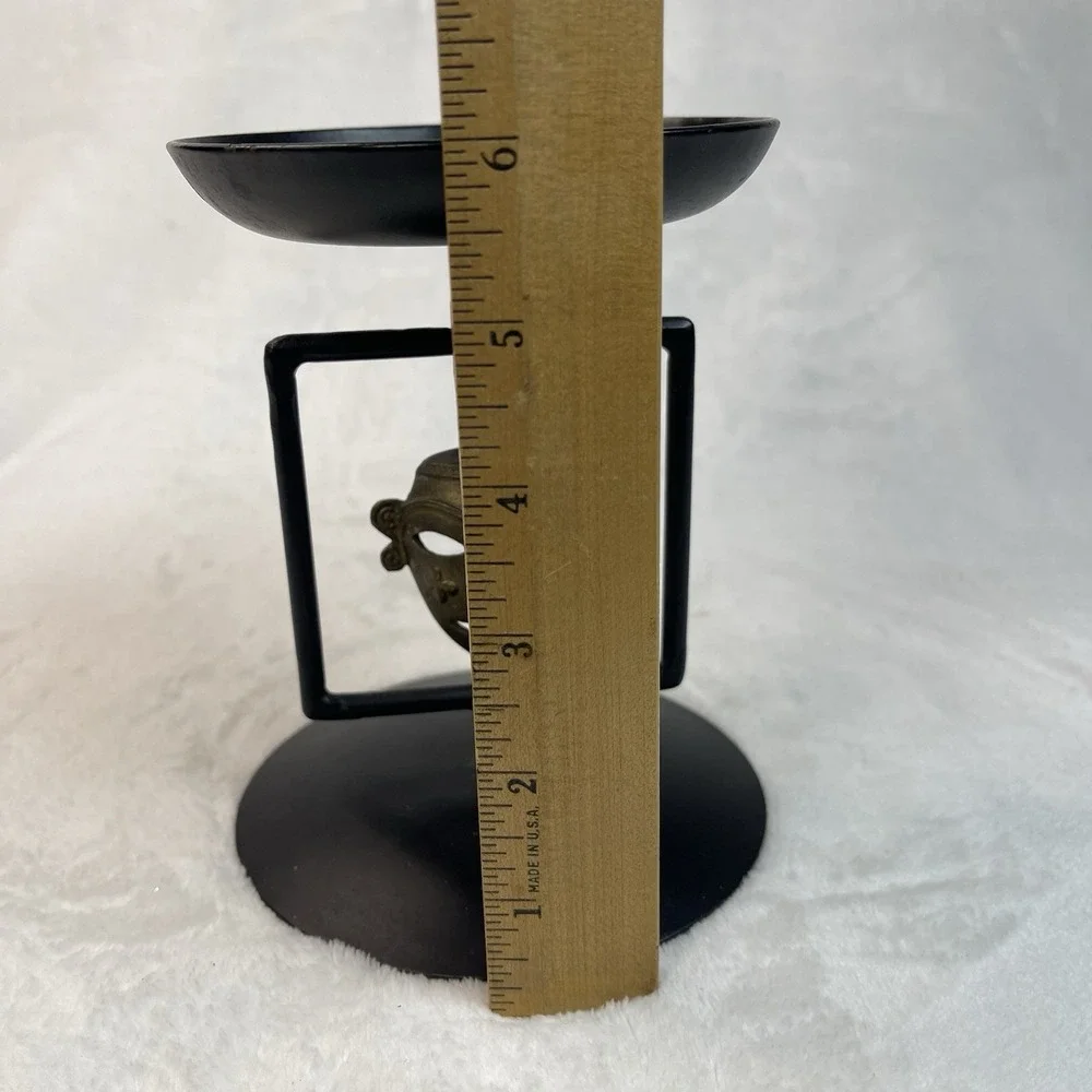 Black Metal Candle Holder Trinket Dish with Brass African Mask 6